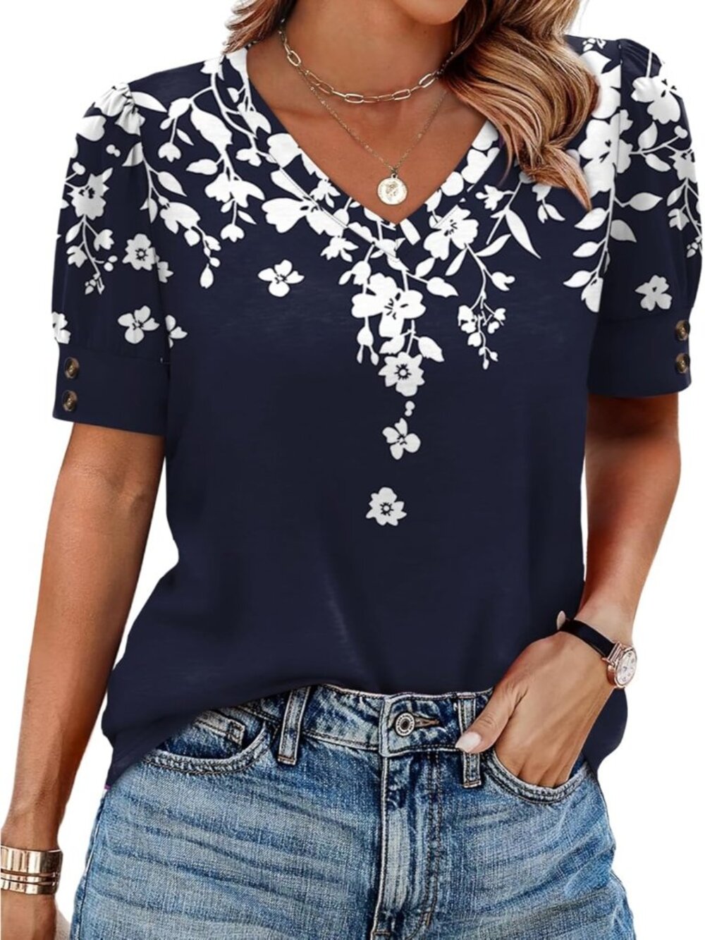 Women's Navy Floral V-neck Puff Short Sleeve Button Cuff Summer Casual Tee Top.